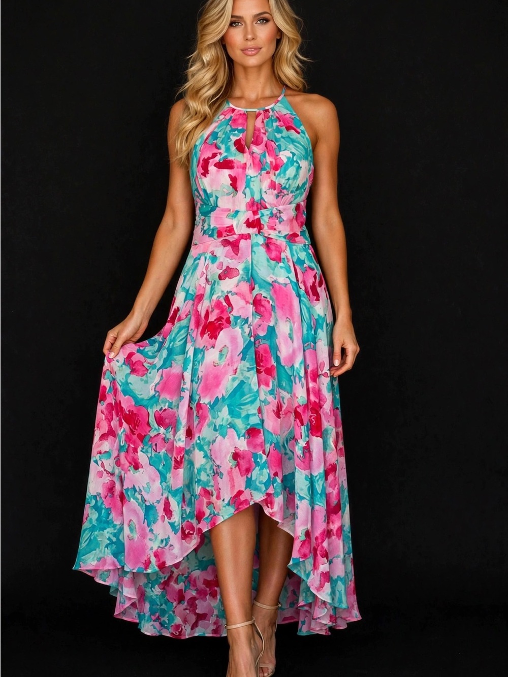 Floral Halter High-Low Maxi Dress in Pink & Teal